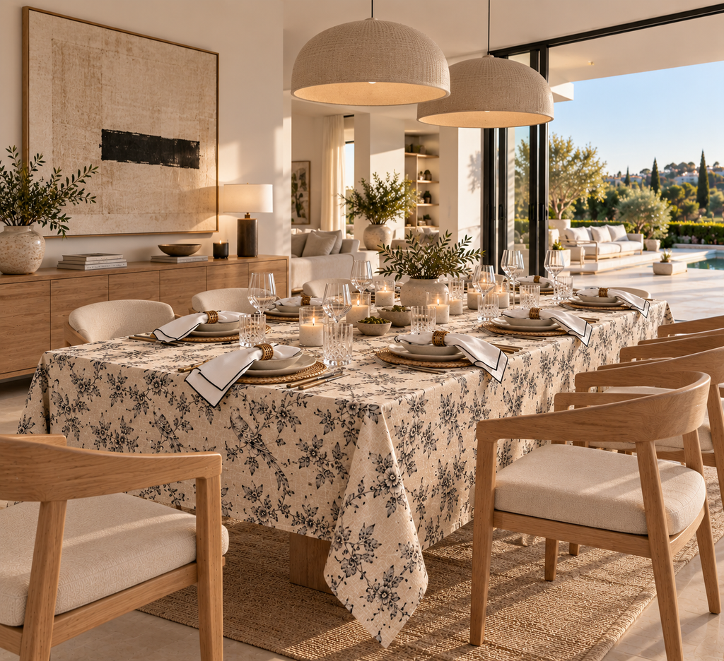 Pack mantel toile de jouy con servilletas en comedor mediterráneo Mēra